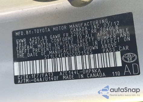 2012 Toyota Matrix S from USA, damaged, VIN 2T1LE4EE2CC021565